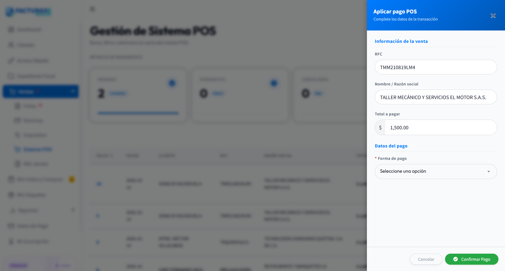 Panel lateral Aplicar pago POS para confirmar la transacción
