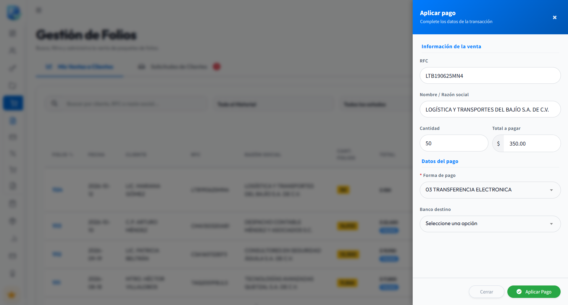 Panel Aplicar pago con datos de la venta y forma de pago