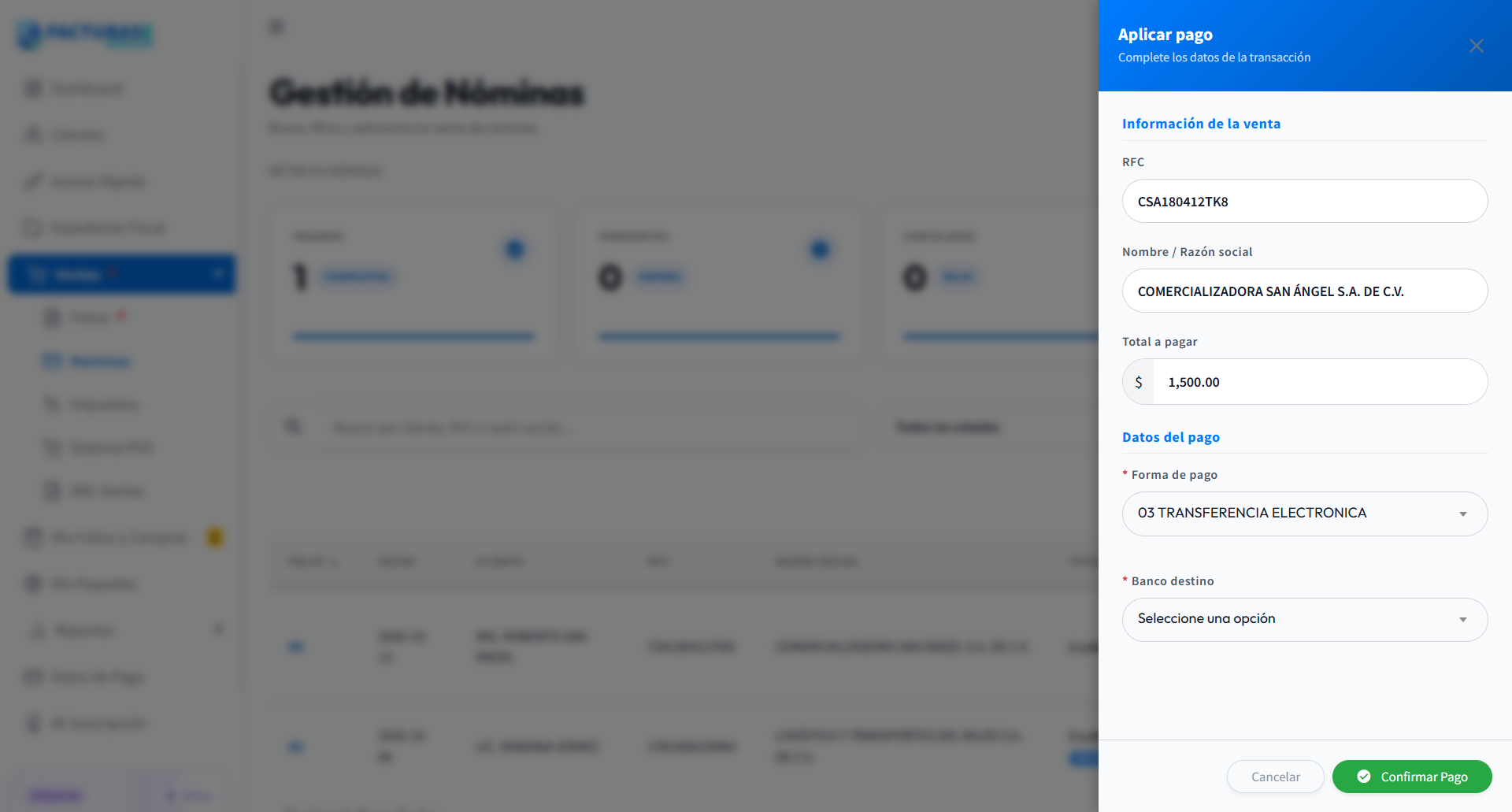 Panel para registrar el pago de la venta de Nóminas
