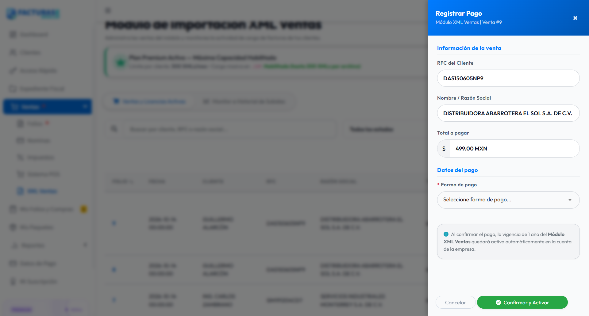 Panel lateral Registrar Pago para activar la licencia de XML Ventas