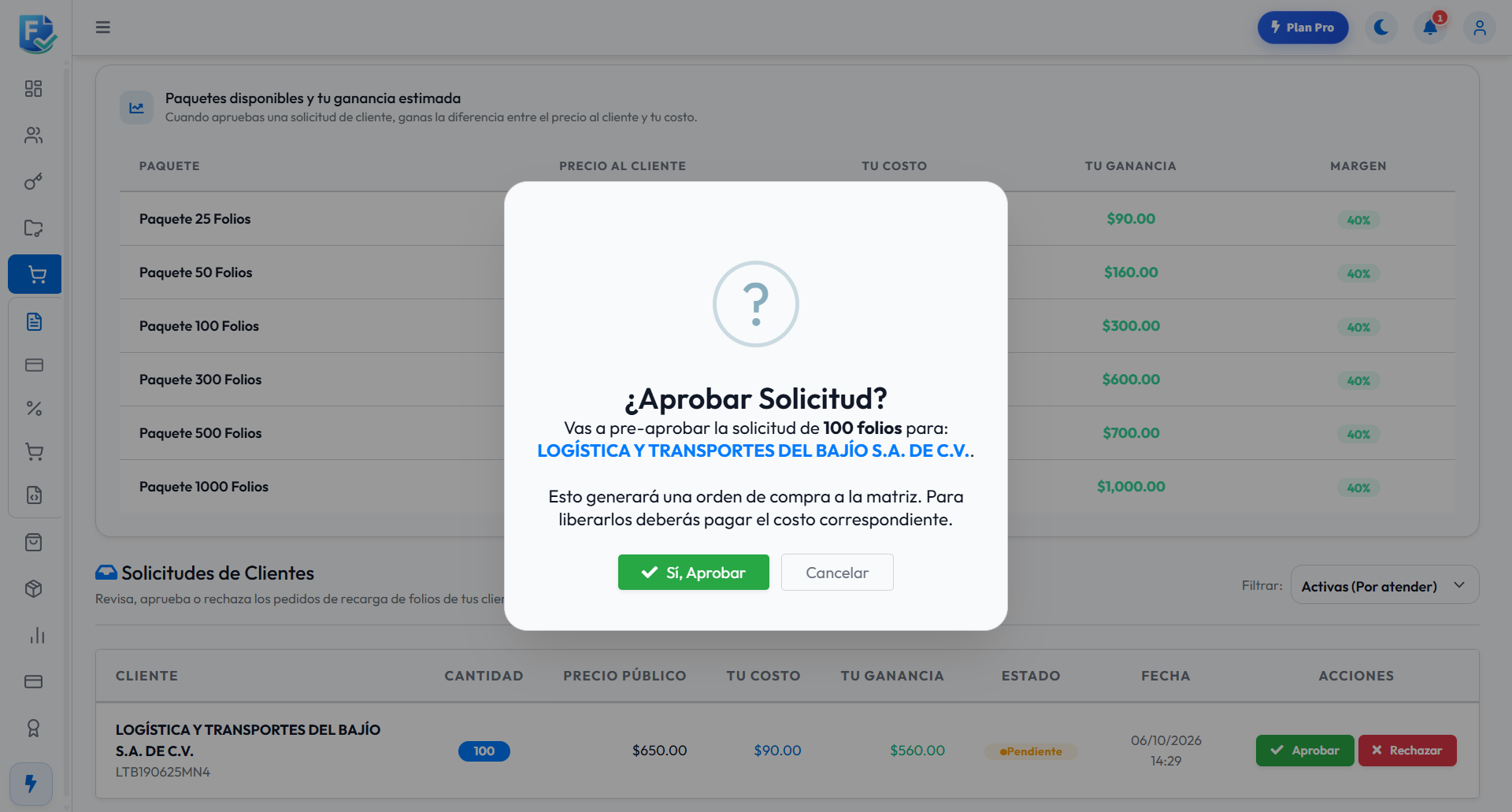 Aviso de aprobación que genera una orden de compra