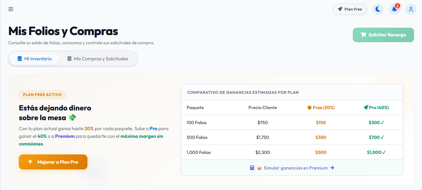 Aviso de Free con recarga restringida y opciones para mejorar el plan