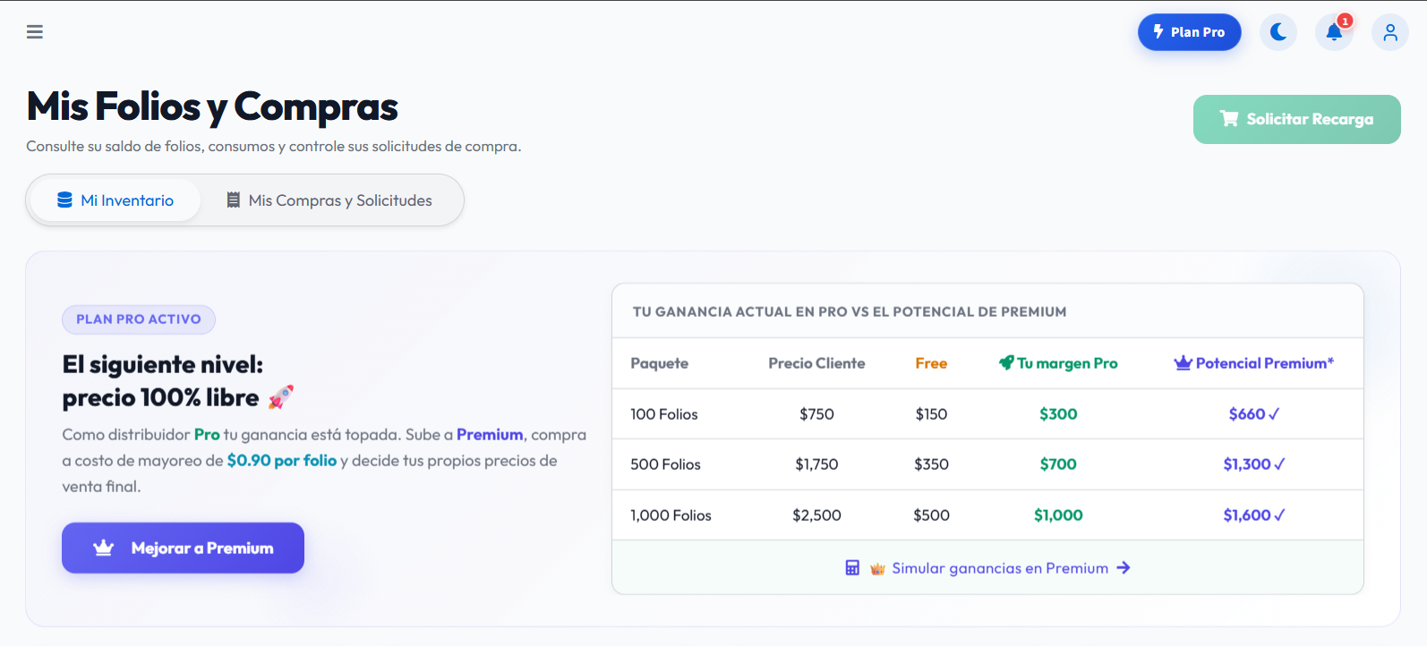 Aviso de Pro y opción para mejorar a Premium