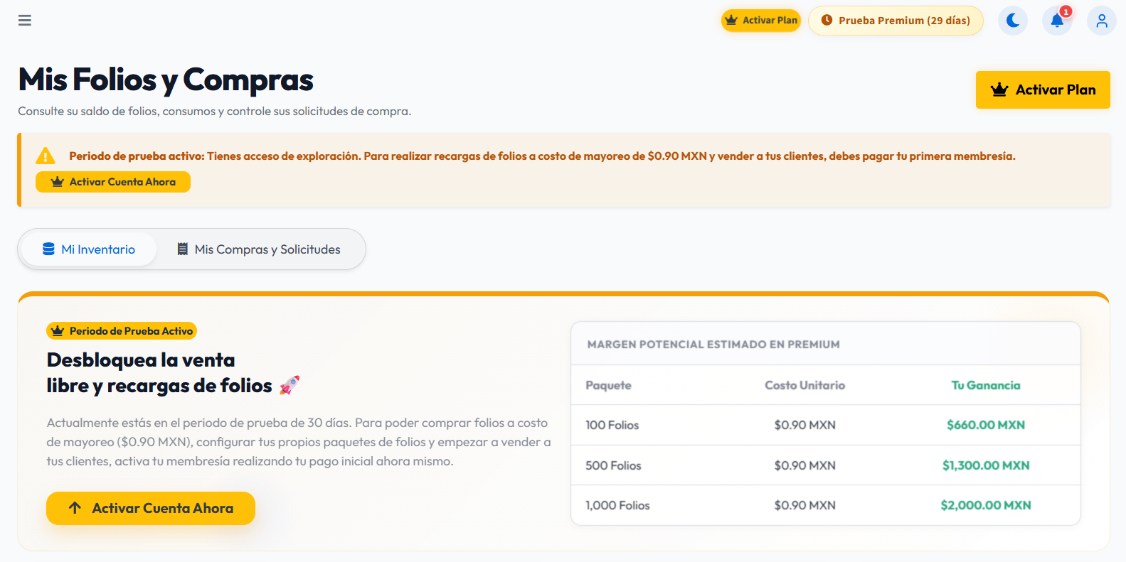 Periodo de prueba activo y botones para activar el plan
