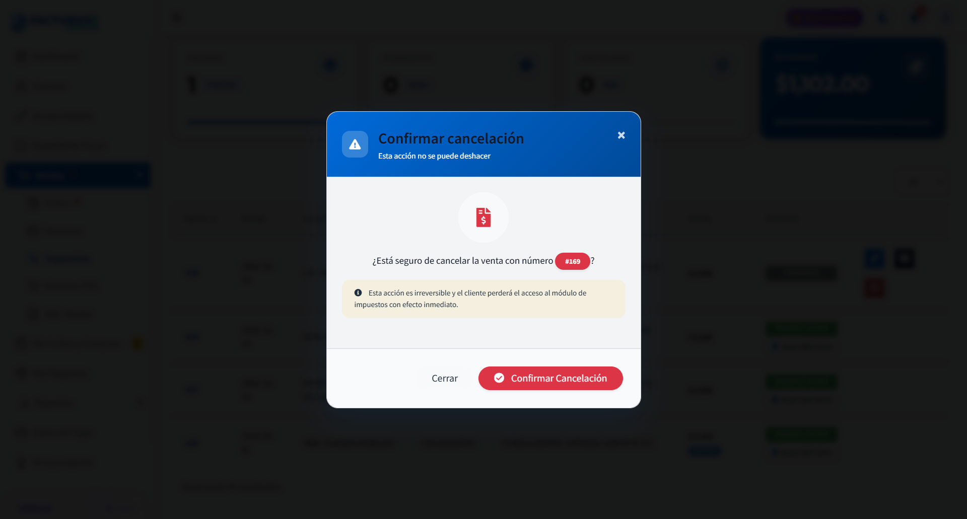 Ventana modal para confirmar la cancelación de una venta