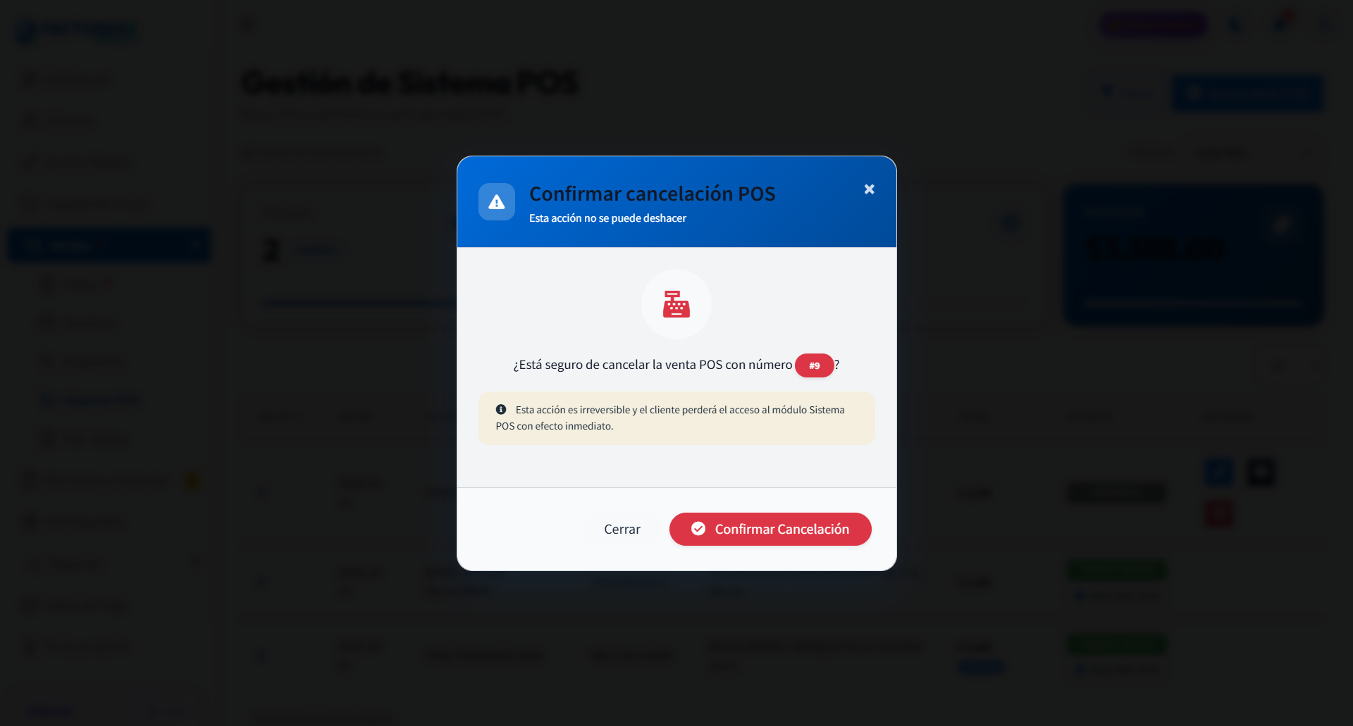 Ventana modal para confirmar la cancelación de una venta POS