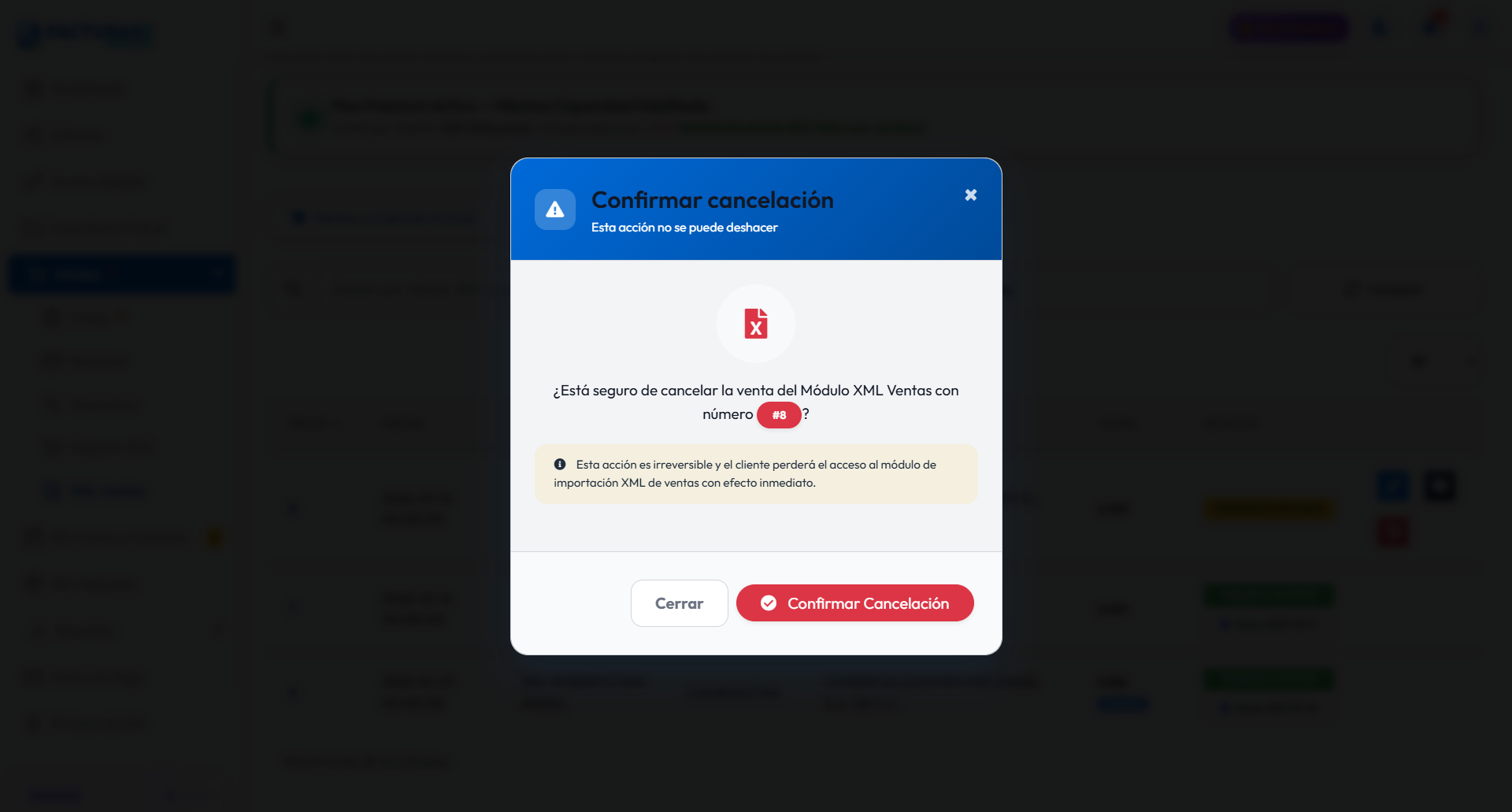 Ventana modal para confirmar la cancelación de una venta de XML Ventas
