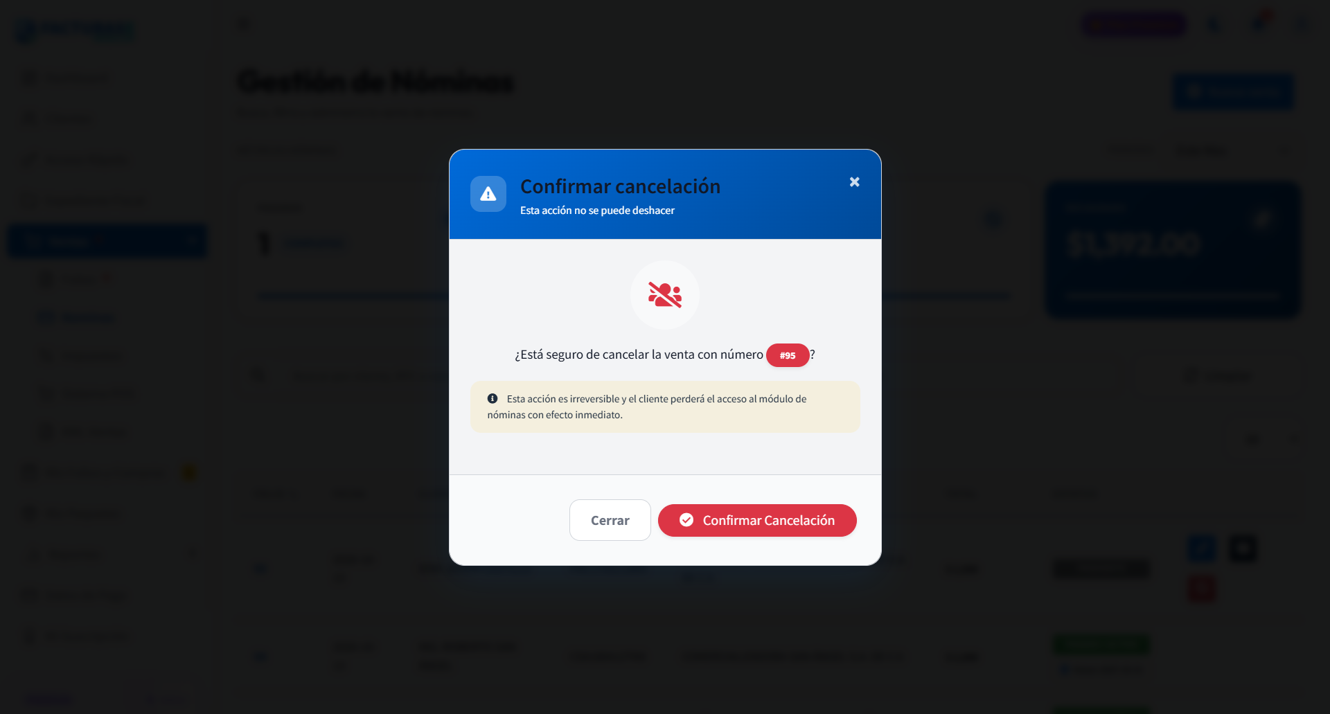 Ventana de confirmación de cancelación de una venta