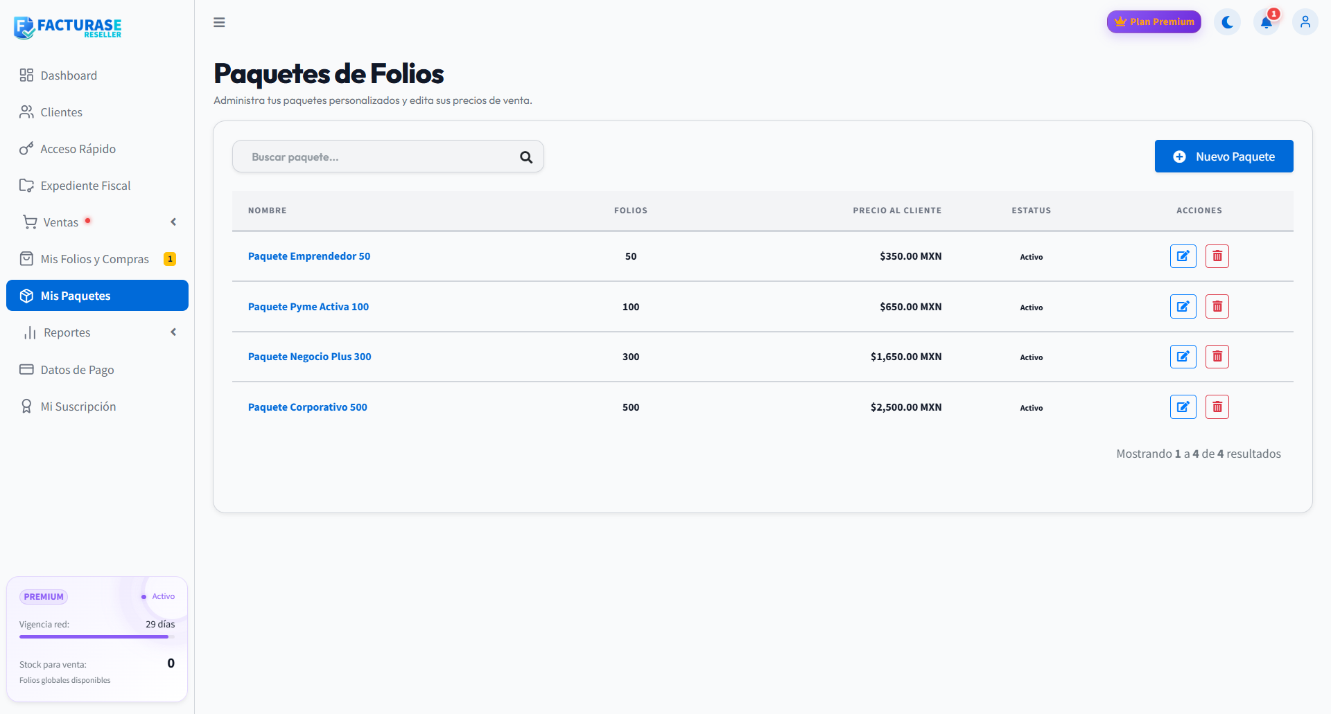 Catálogo de paquetes con búsqueda, Nuevo Paquete y acciones por fila