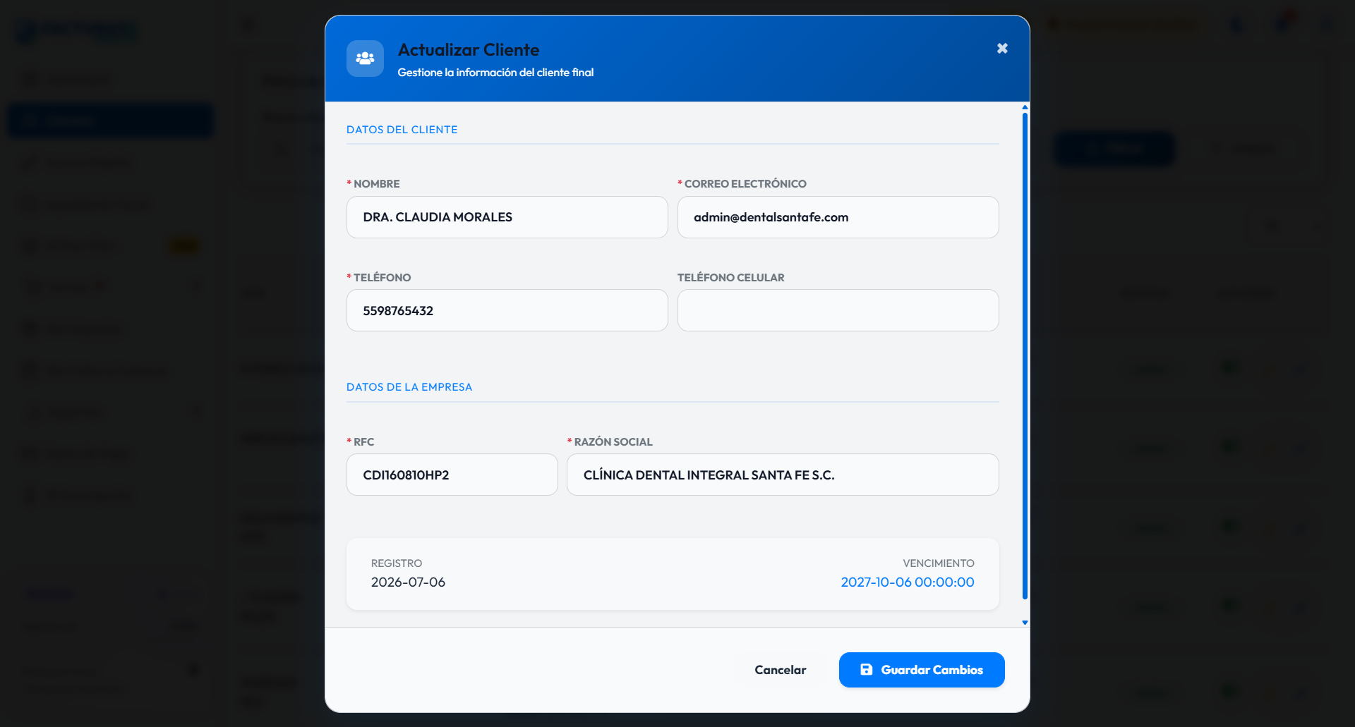 Formulario de edición del cliente