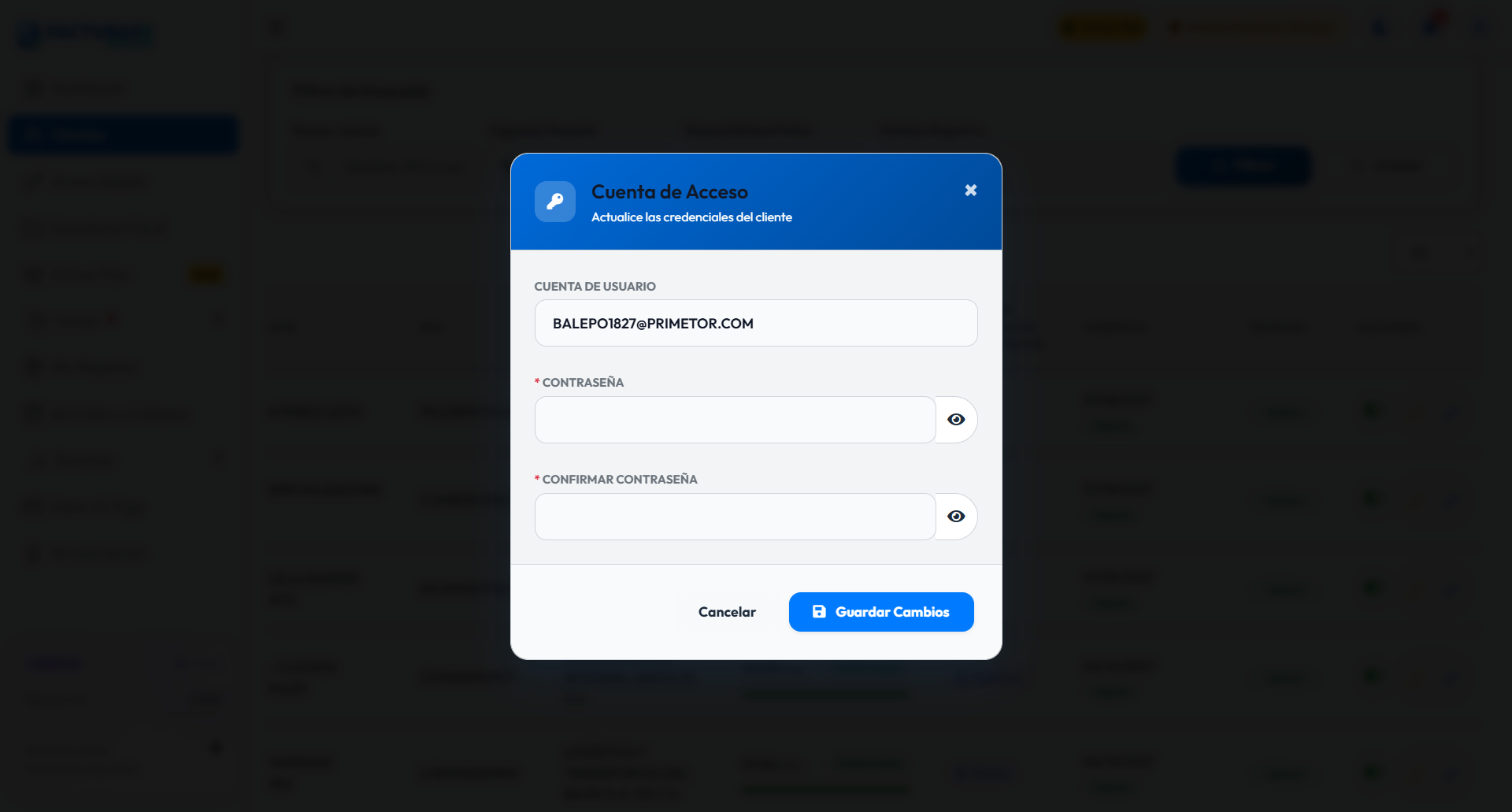 Formulario para gestionar las credenciales del cliente