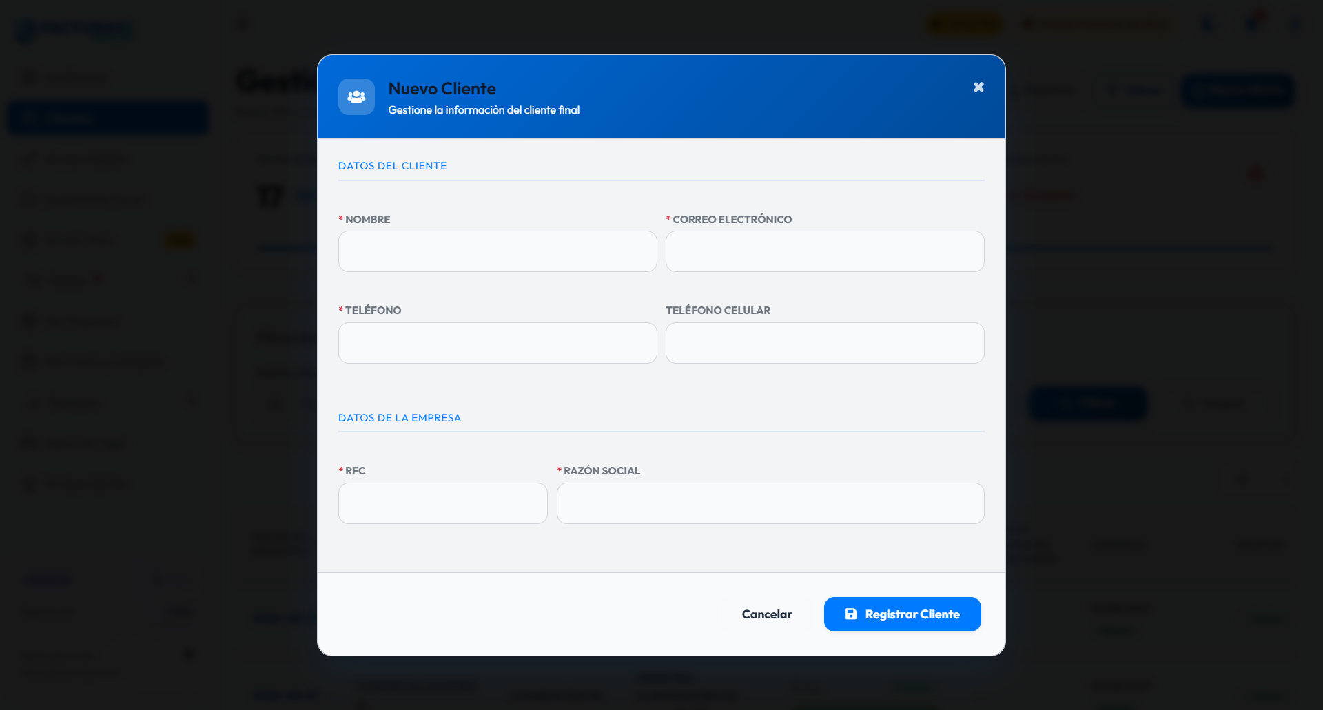 Formulario para registrar un cliente
