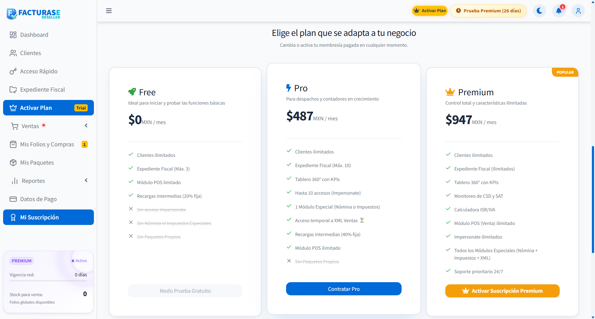 Comparación de Free, Pro y Premium con botones de contratación