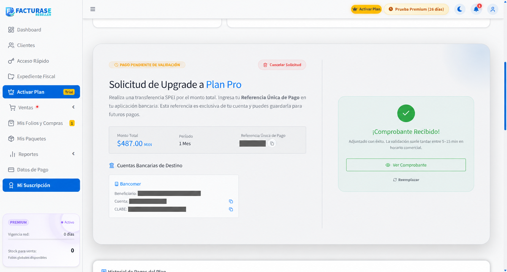 Comprobante recibido con opciones Ver Comprobante y Reemplazar