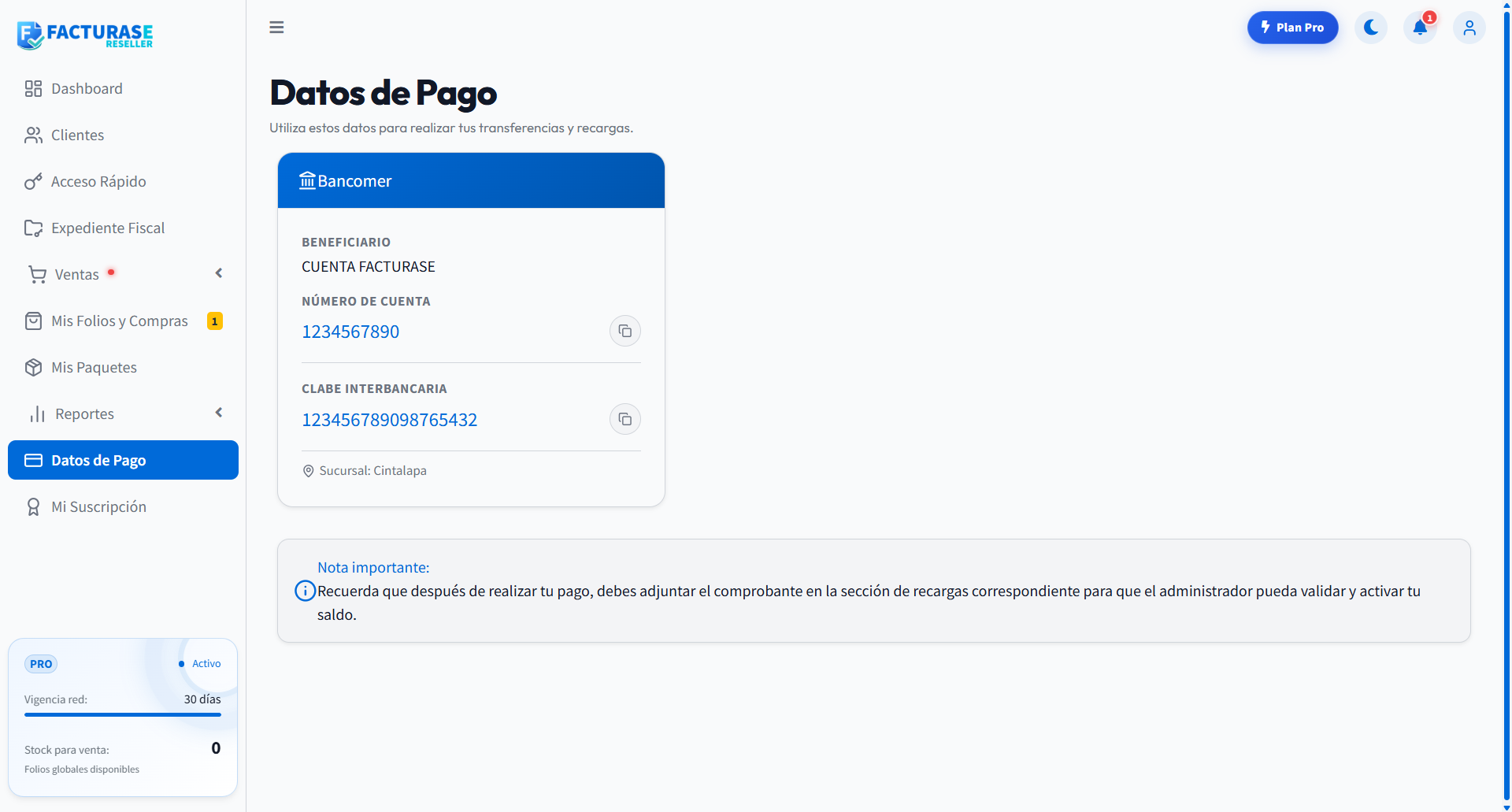 Datos de Pago con cuenta bancaria, botones de copiar y nota sobre el comprobante