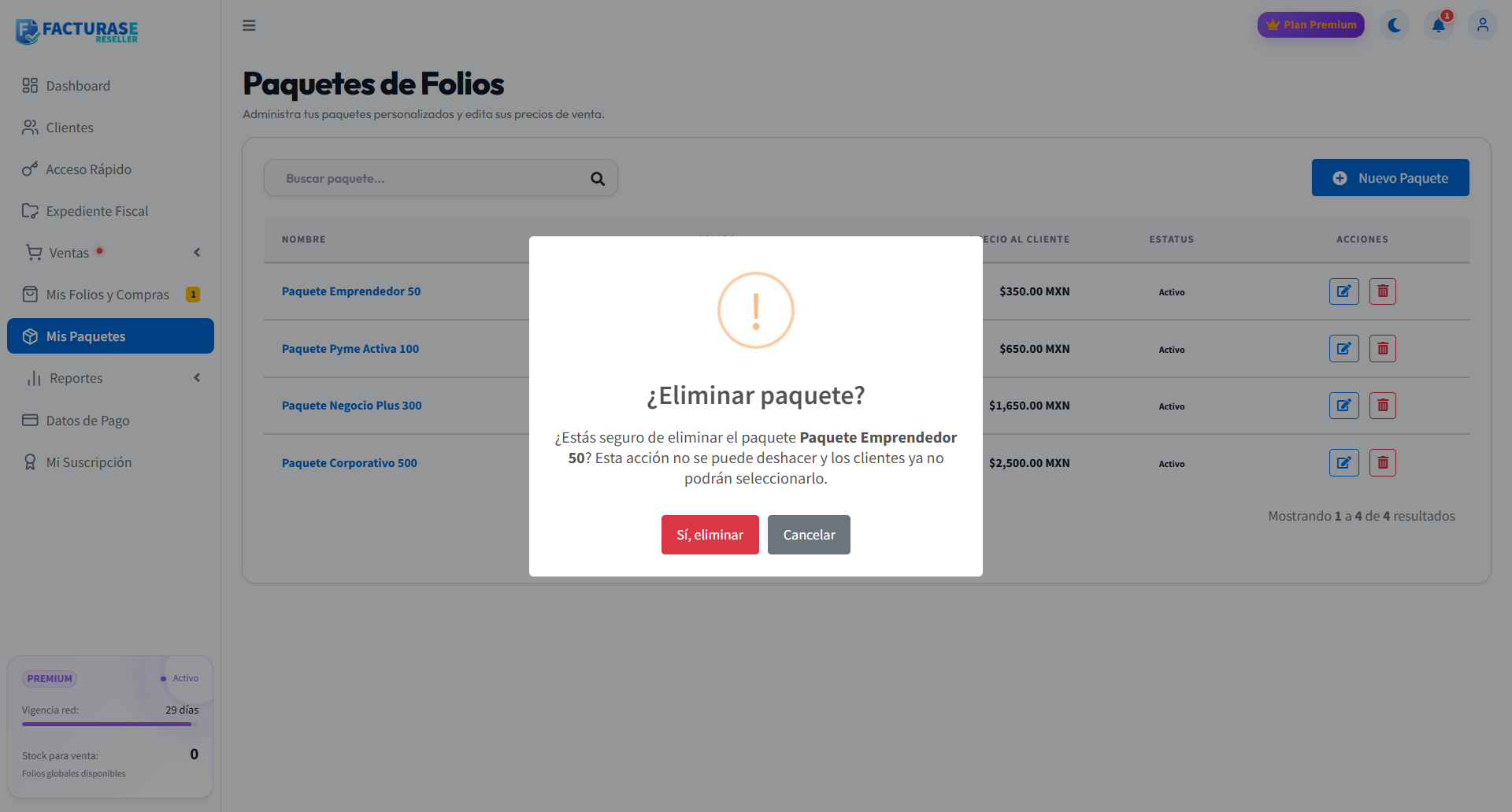 Confirmación de eliminación con nombre del paquete y botones Sí, eliminar y Cancelar