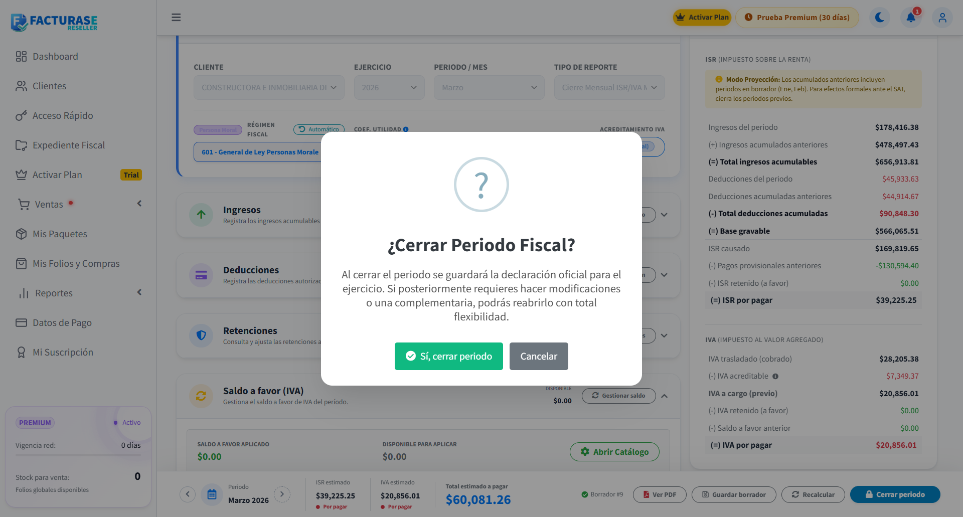 Confirmación de cierre del periodo dentro de Facturase
