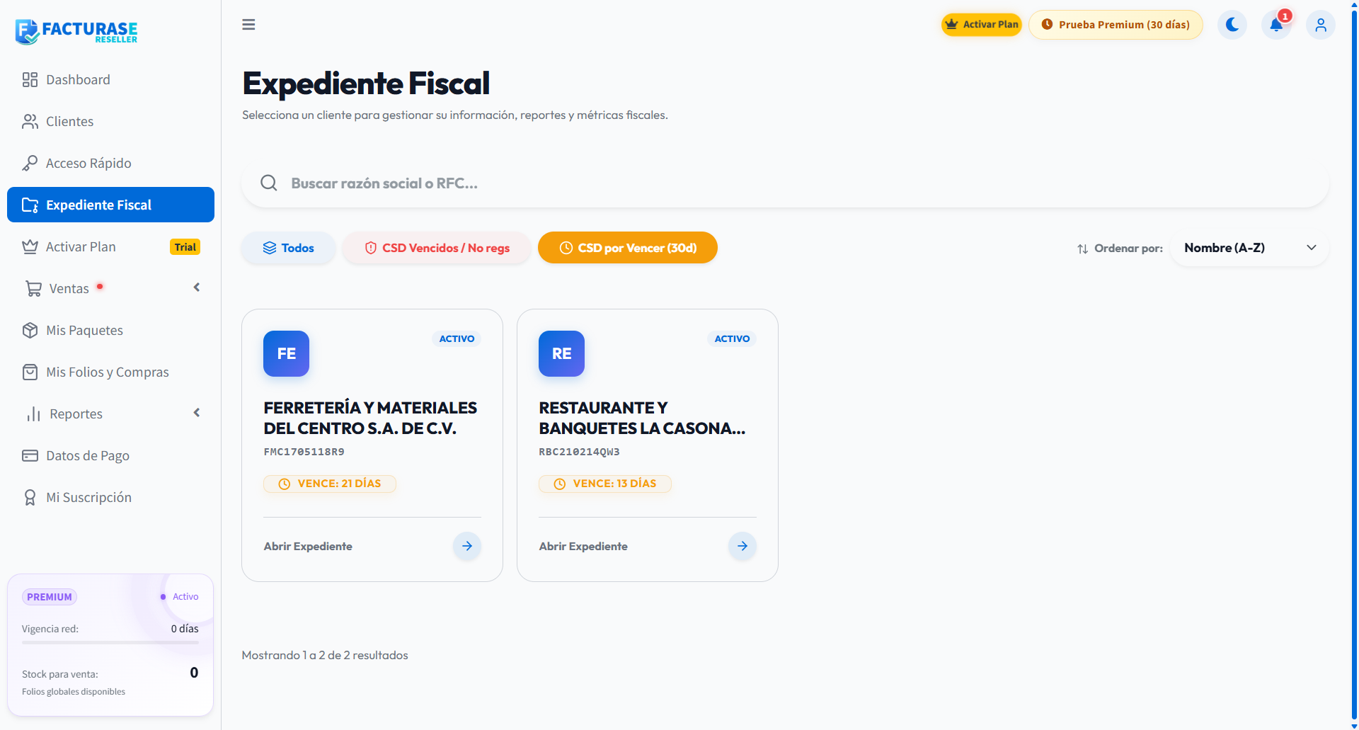 Filtros de certificados vencidos y próximos a vencer