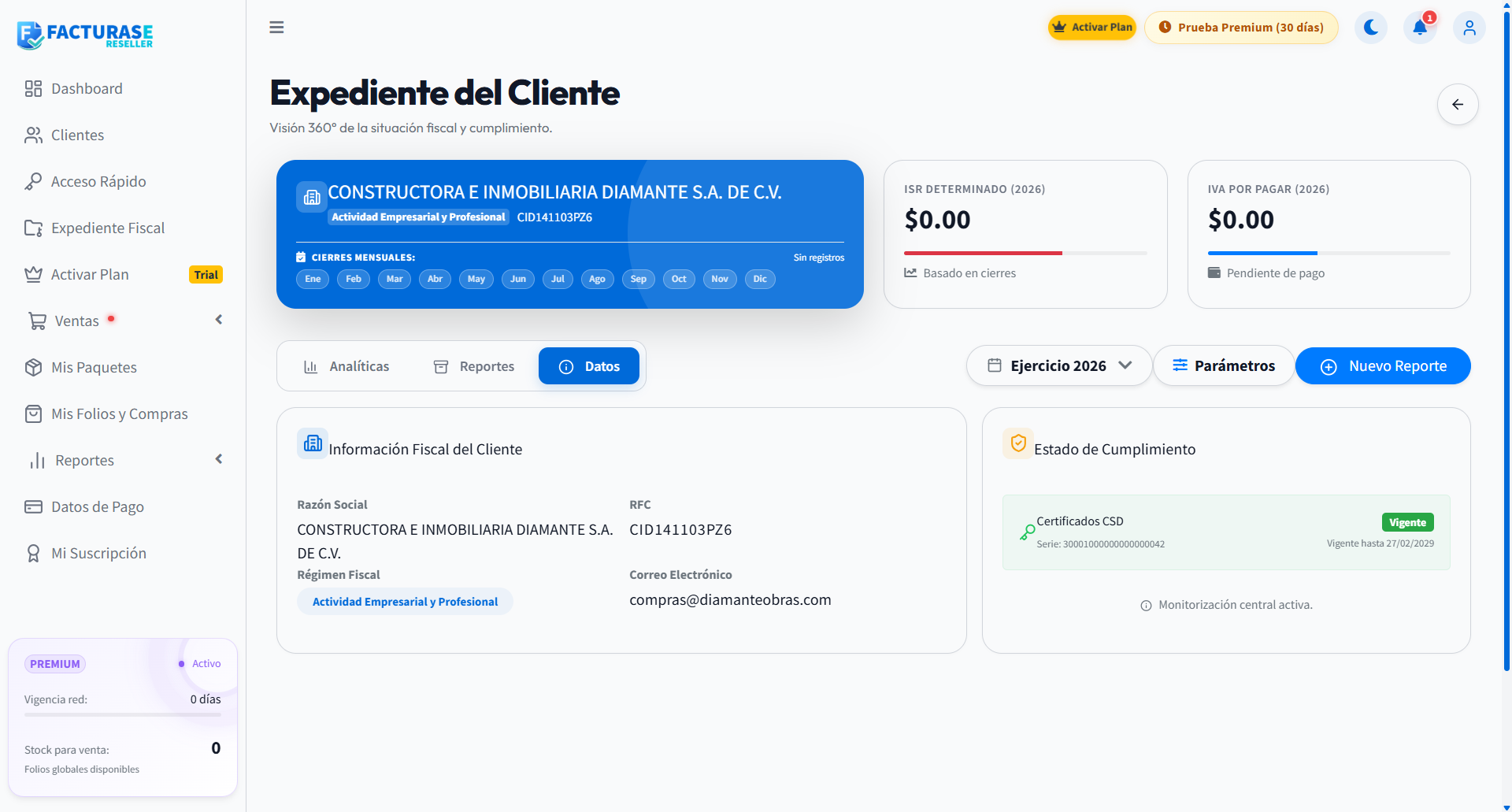 Pestaña Datos con información fiscal y certificado registrado