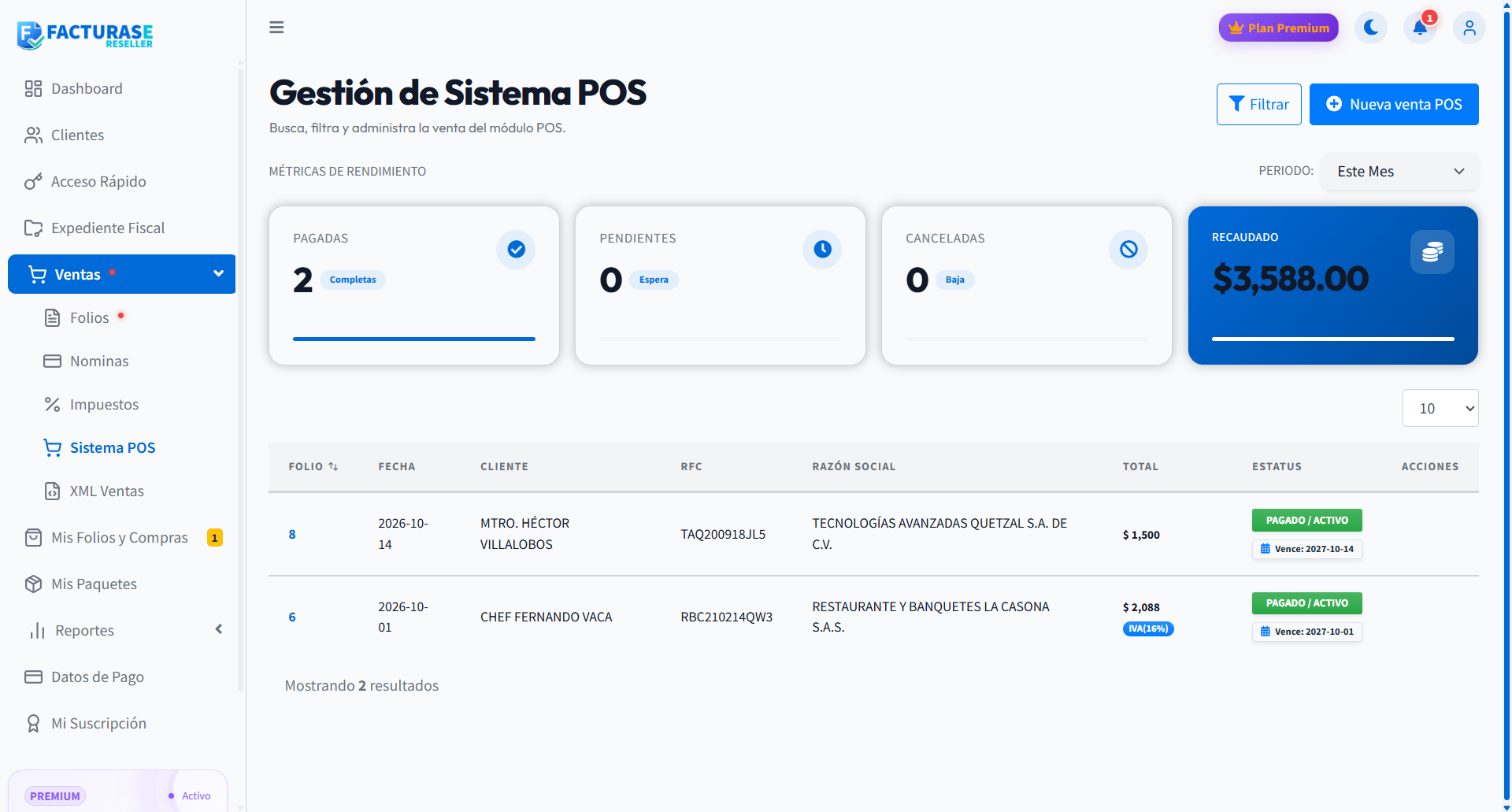 Gestión de Sistema POS con indicadores de rendimiento y listado de ventas
