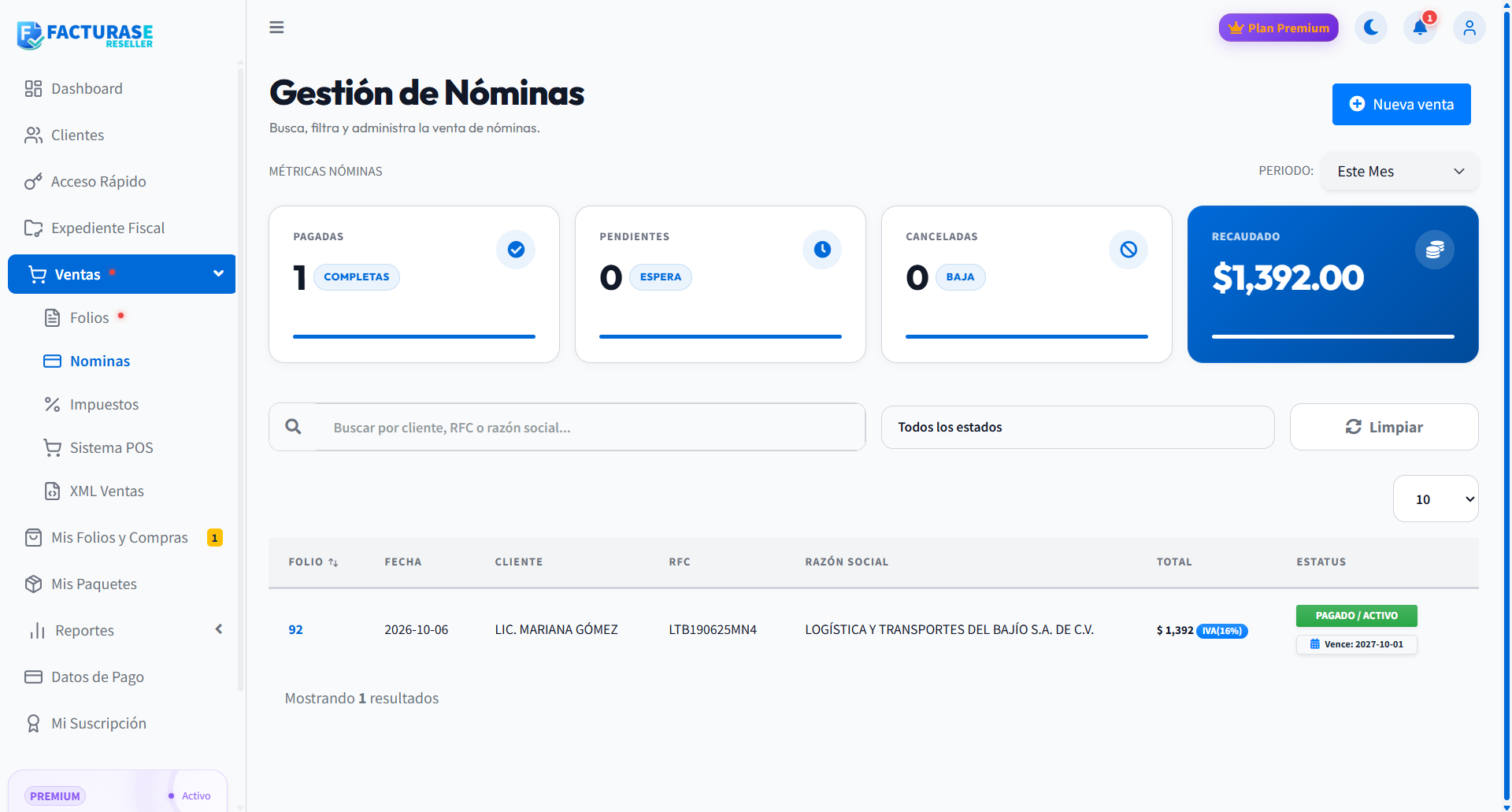 Gestión de Nóminas con indicadores y listado de ventas