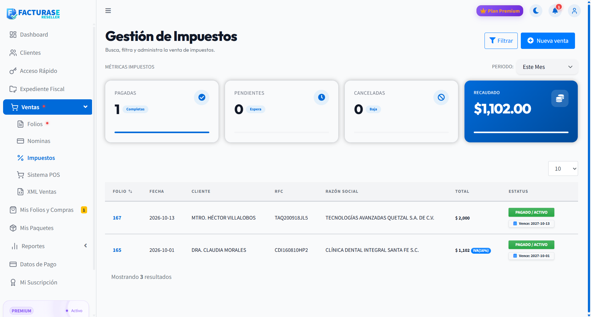 Gestión de Impuestos con indicadores y listado de ventas