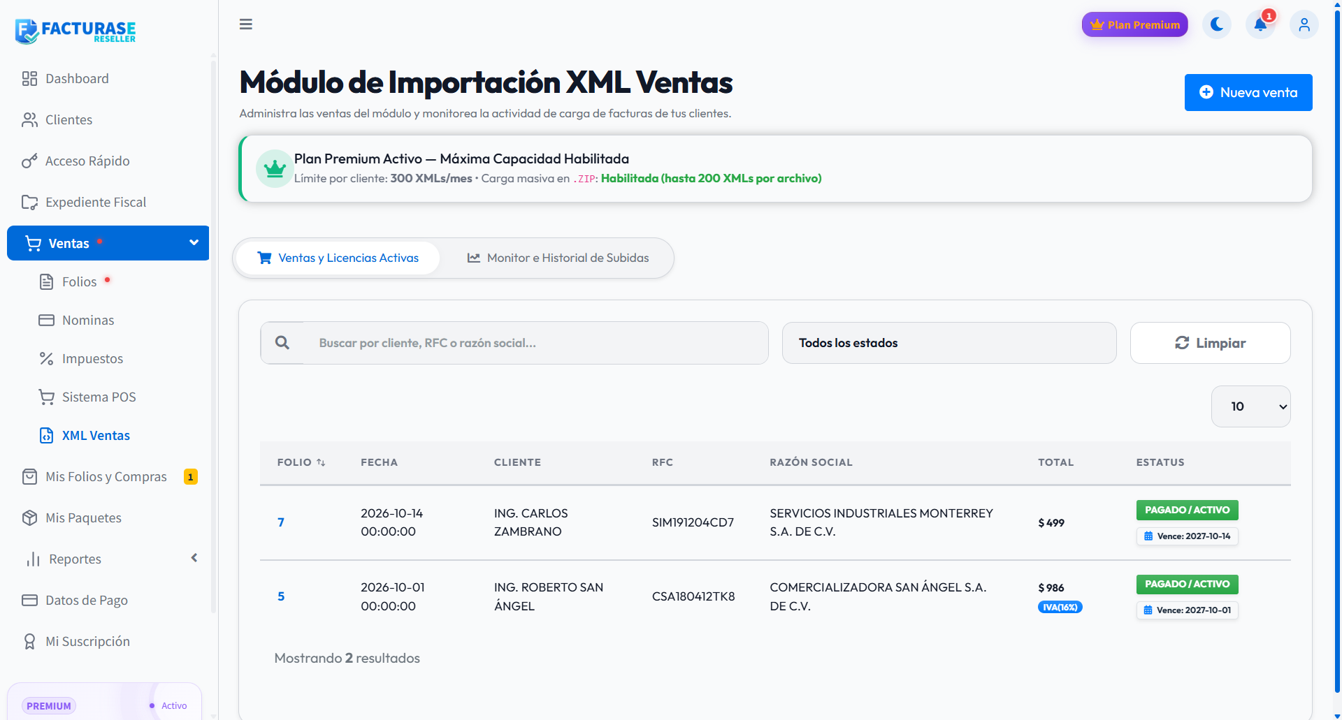 Módulo de Importación XML Ventas con banner Premium y listado de licencias