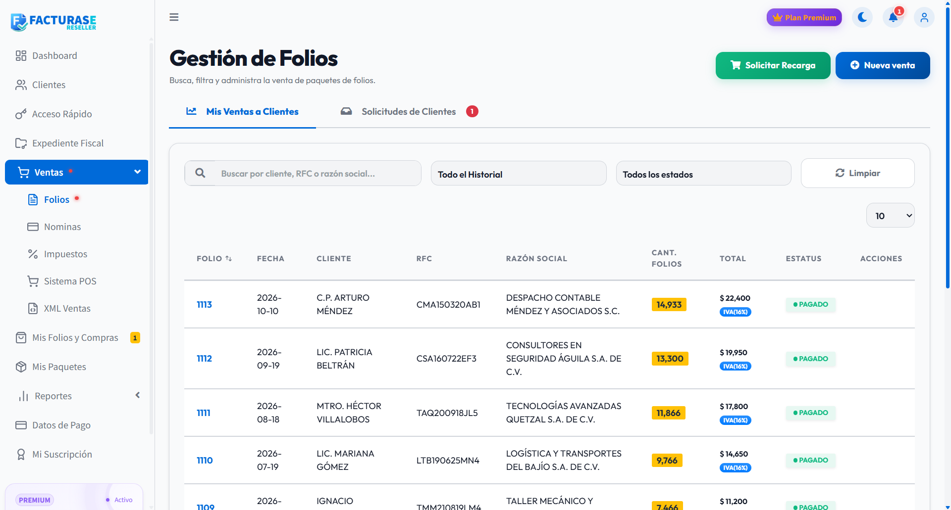 Gestión de Folios y filtros del historial