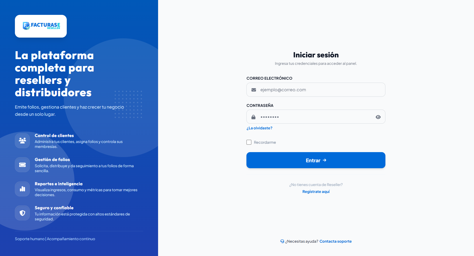 Pantalla de inicio de sesión de Facturase Reseller
