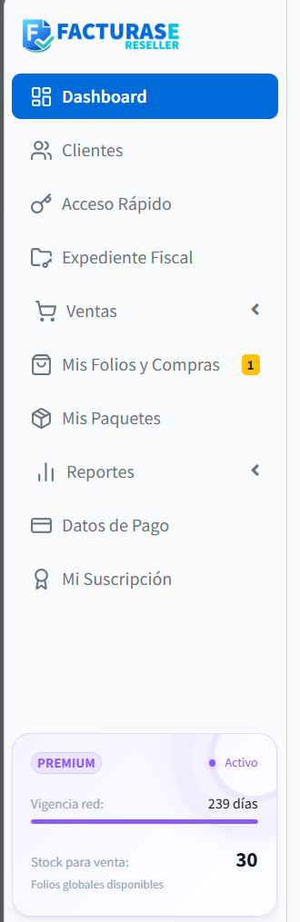 Menú de Facturase Reseller con sus secciones y tarjeta de estado