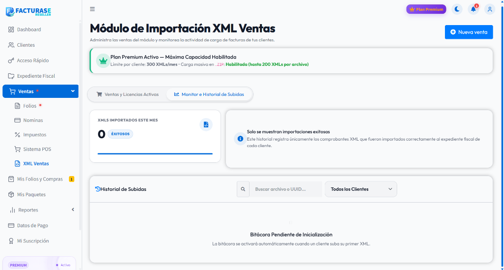 Monitor e Historial de Subidas de XML Ventas con contador mensual y bitácora
