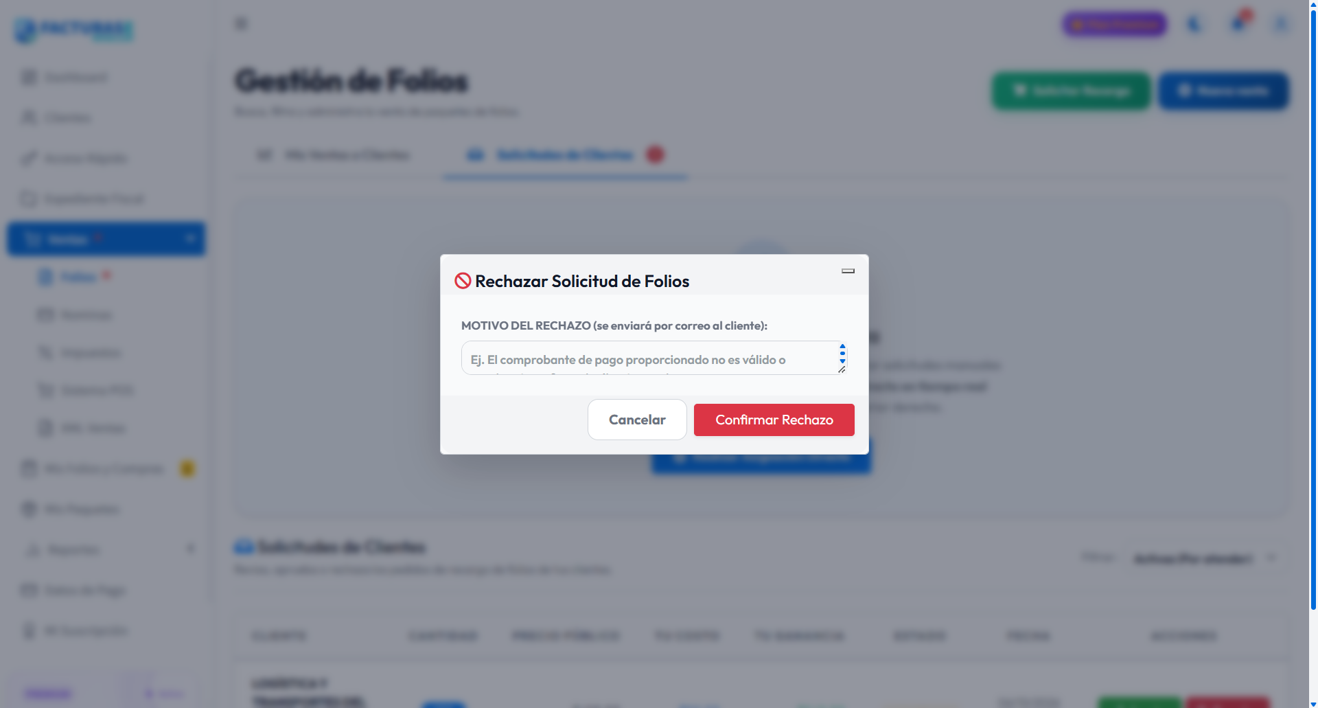 Formulario del motivo del rechazo y botones de confirmación