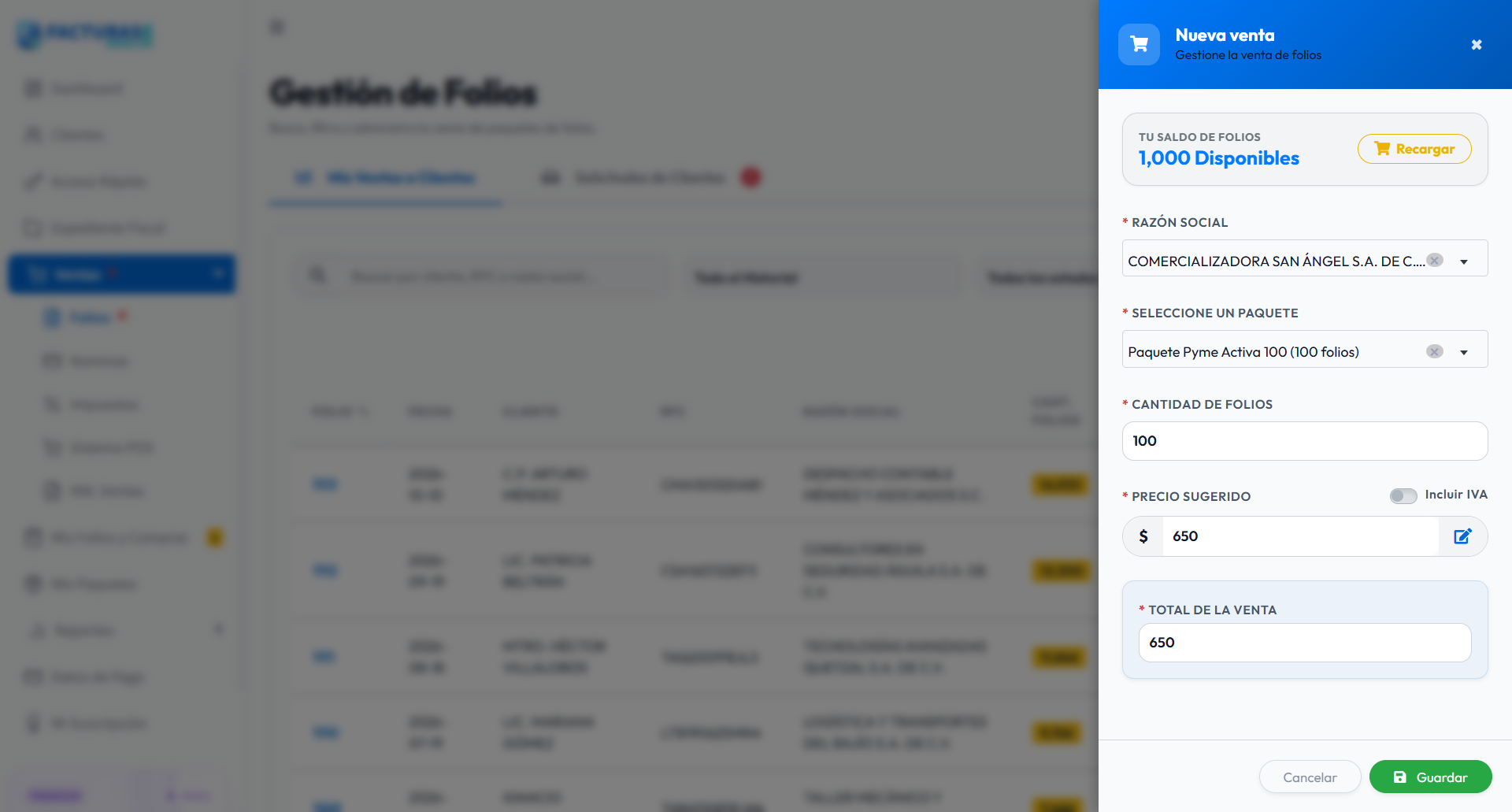 Formulario de nueva venta con cliente, paquete, cantidad y total