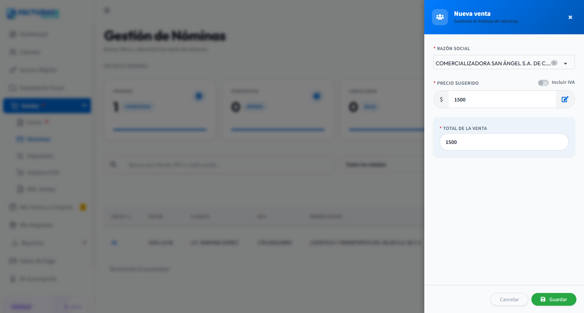 Nueva venta de Nóminas con cliente, precio e IVA