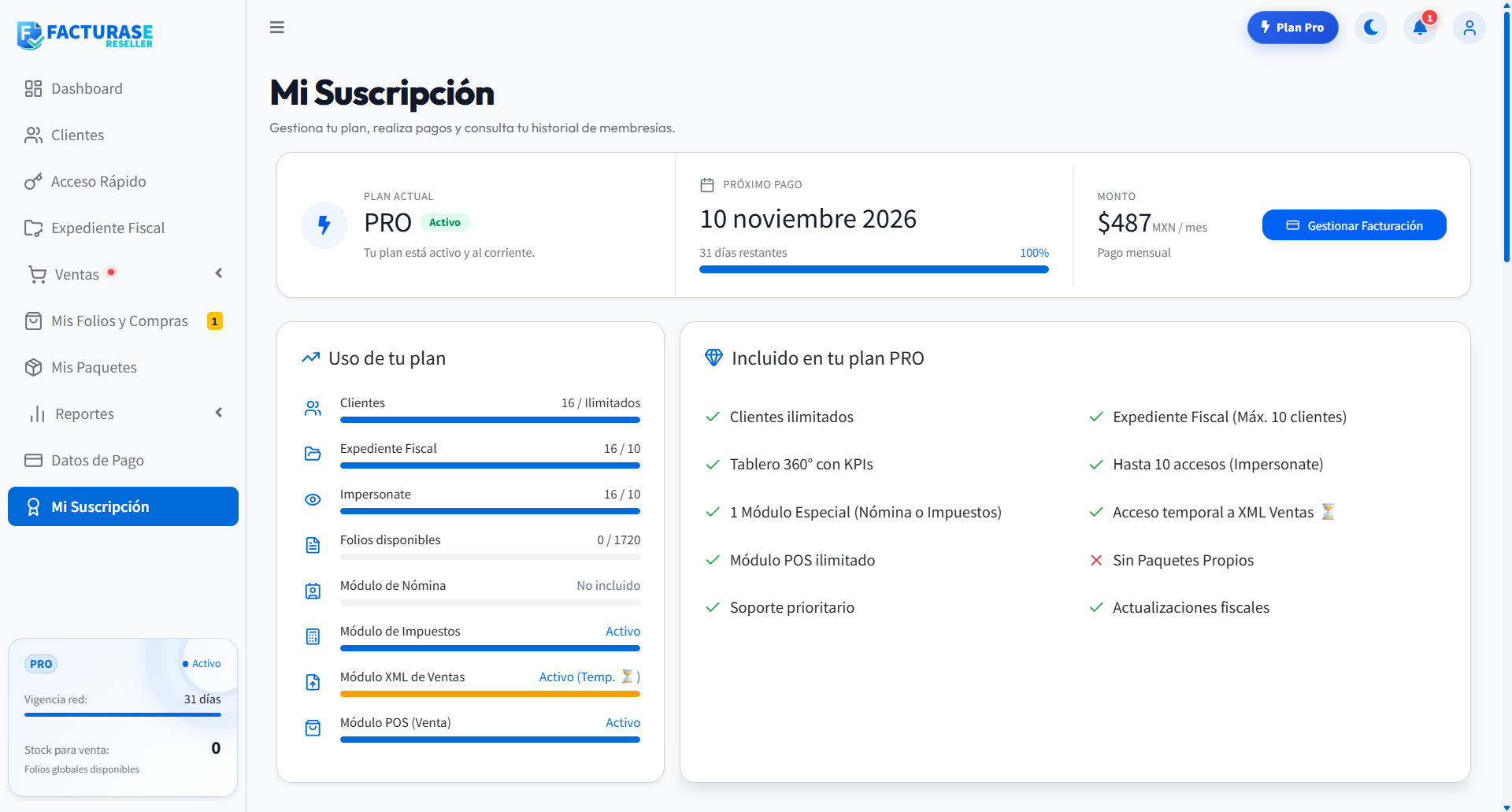 Plan Pro activo, vigencia y uso del plan