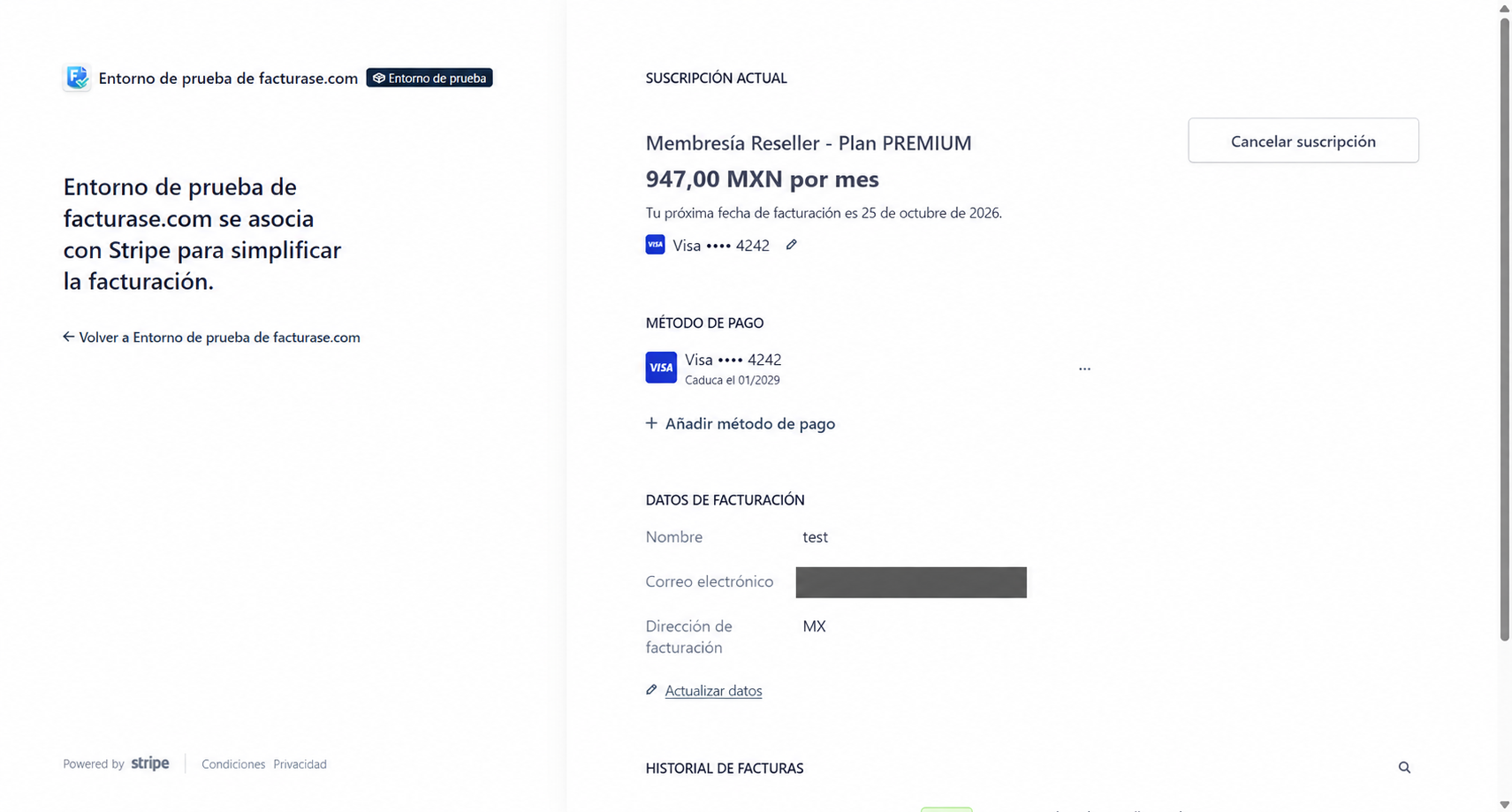 Portal de facturación de prueba con correo oculto