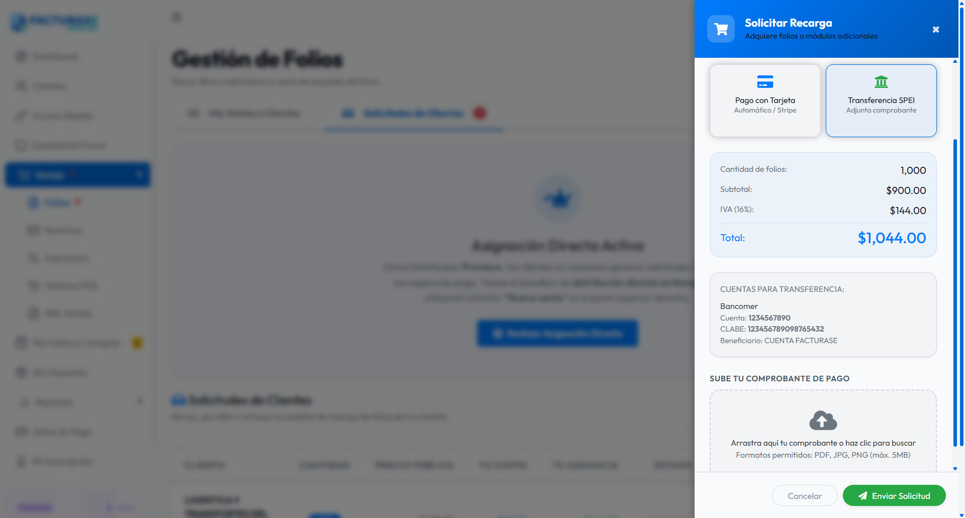 Formulario SPEI con cuentas de destino y carga del comprobante