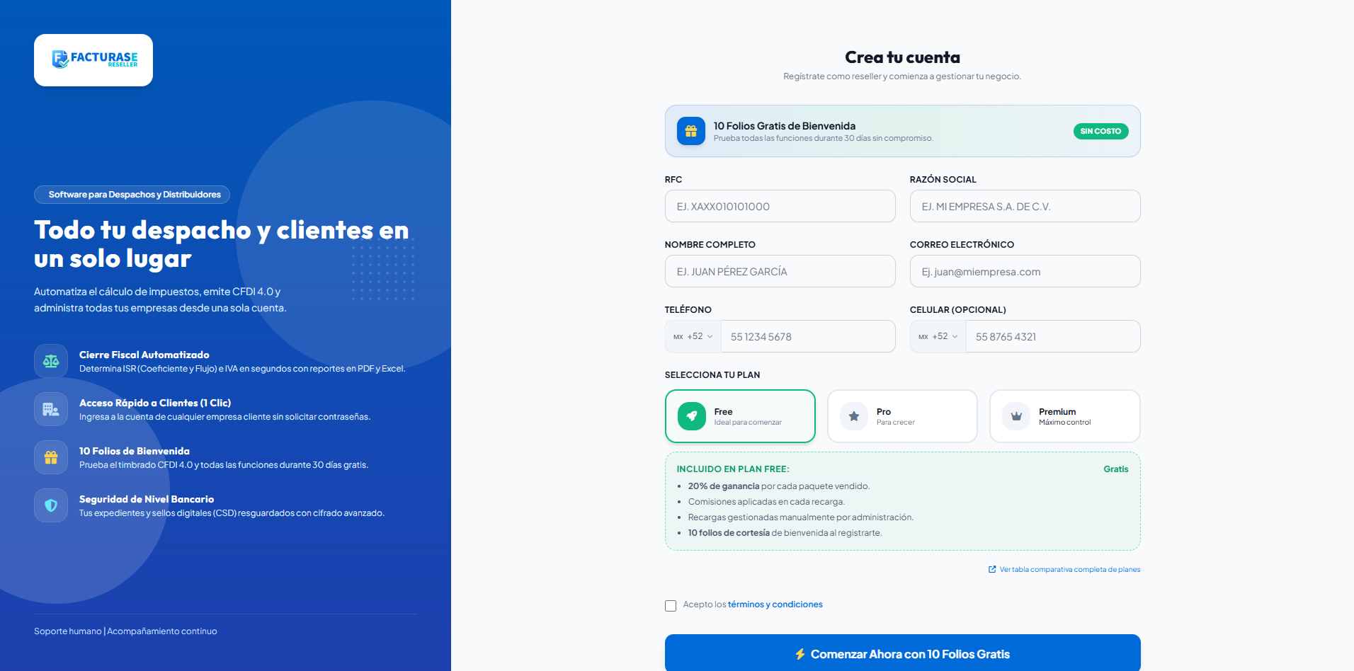 Formulario de registro del distribuidor con datos de contacto y selección de plan