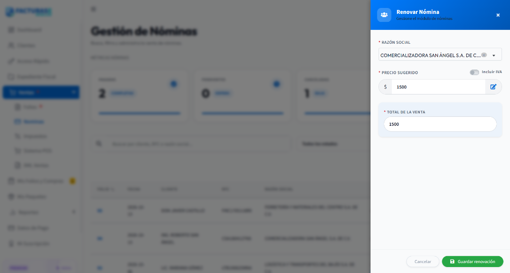 Formulario Renovar Nómina con cliente y botón Guardar renovación