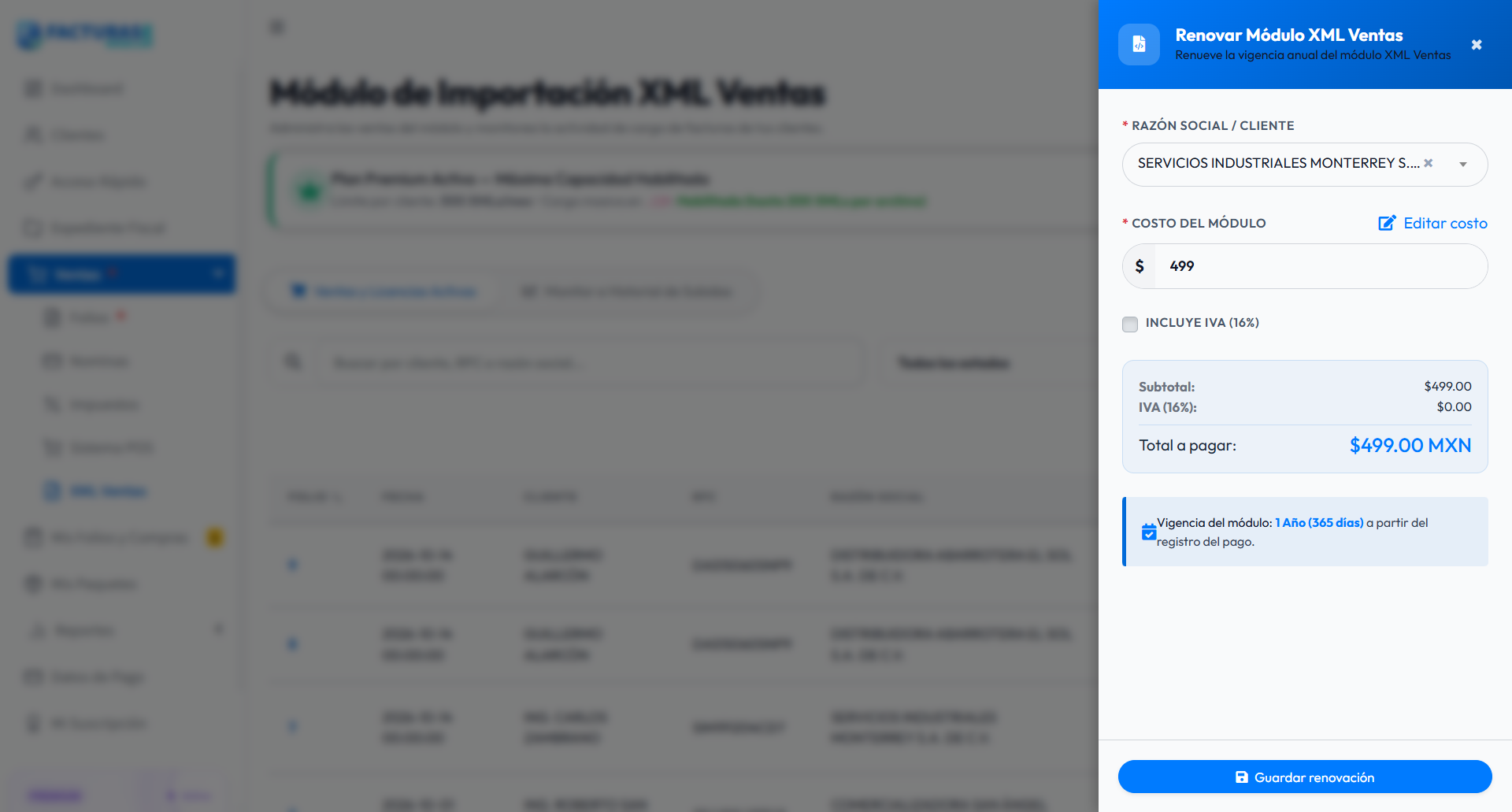 Formulario lateral Renovar Módulo XML Ventas con botón Guardar renovación
