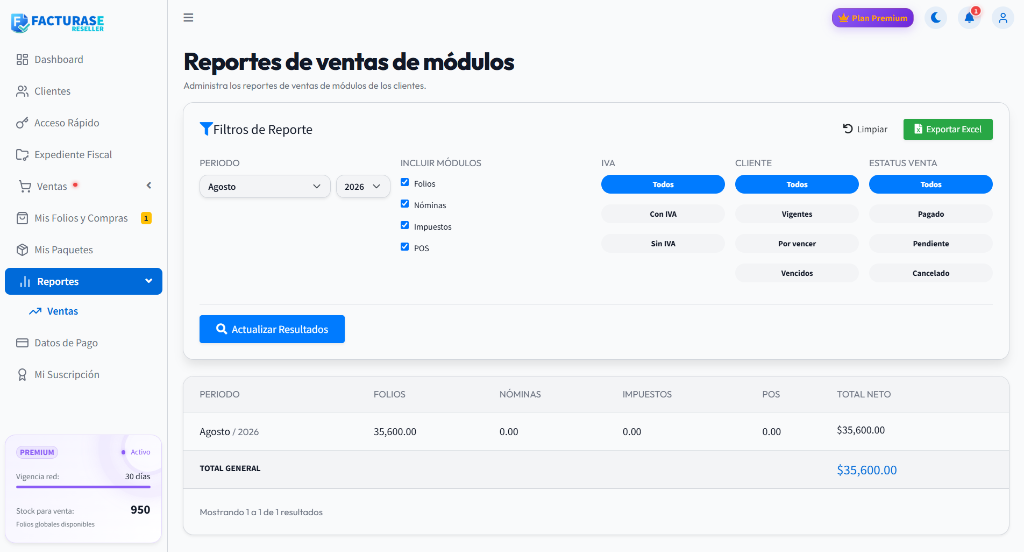 Reportes de ventas de módulos con filtros de periodo, módulos y desglose mensual
