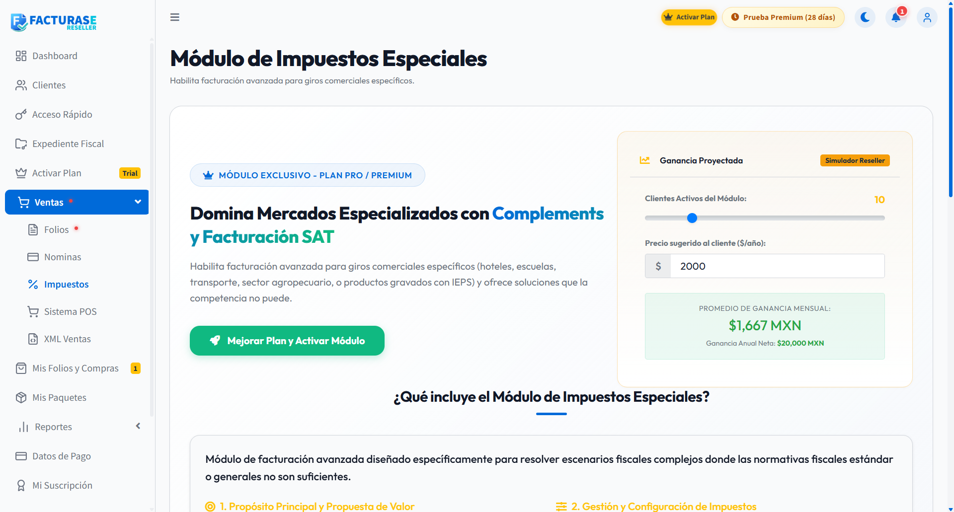 Aviso de acceso restringido al módulo de Impuestos durante la prueba