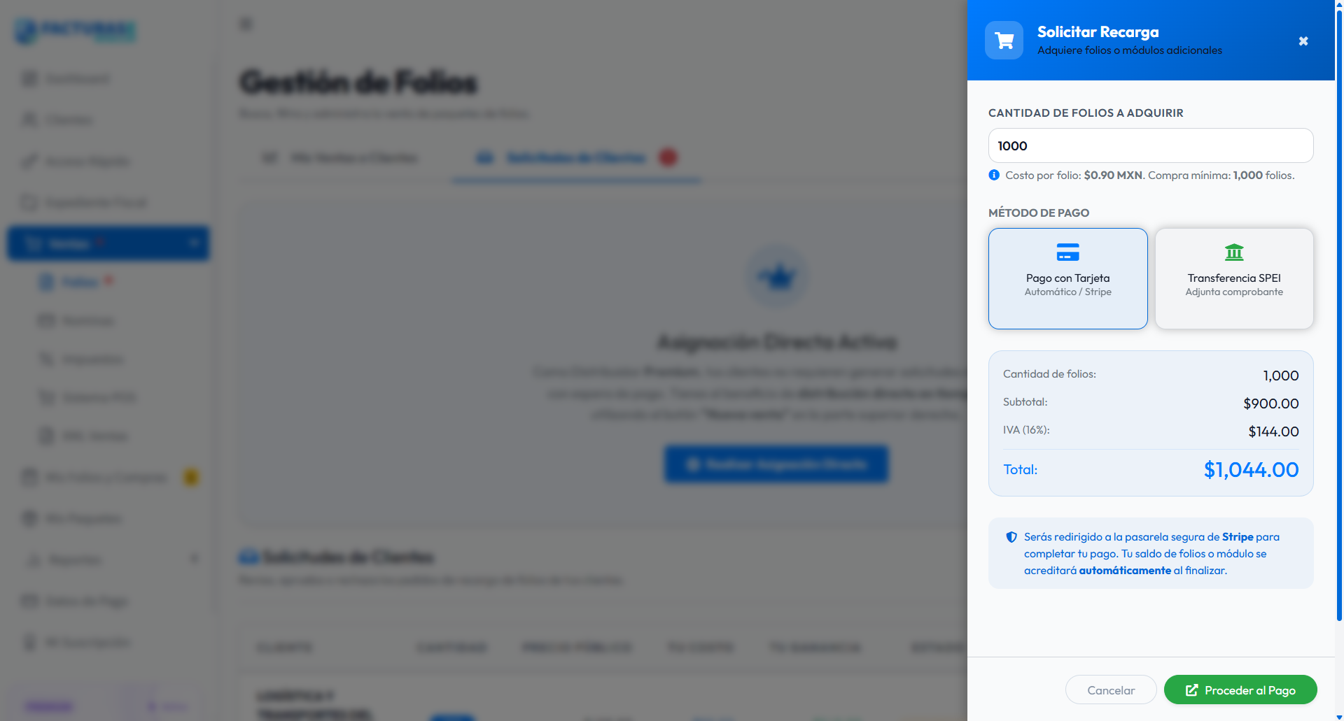 Formulario de recarga con cantidad, métodos de pago y desglose