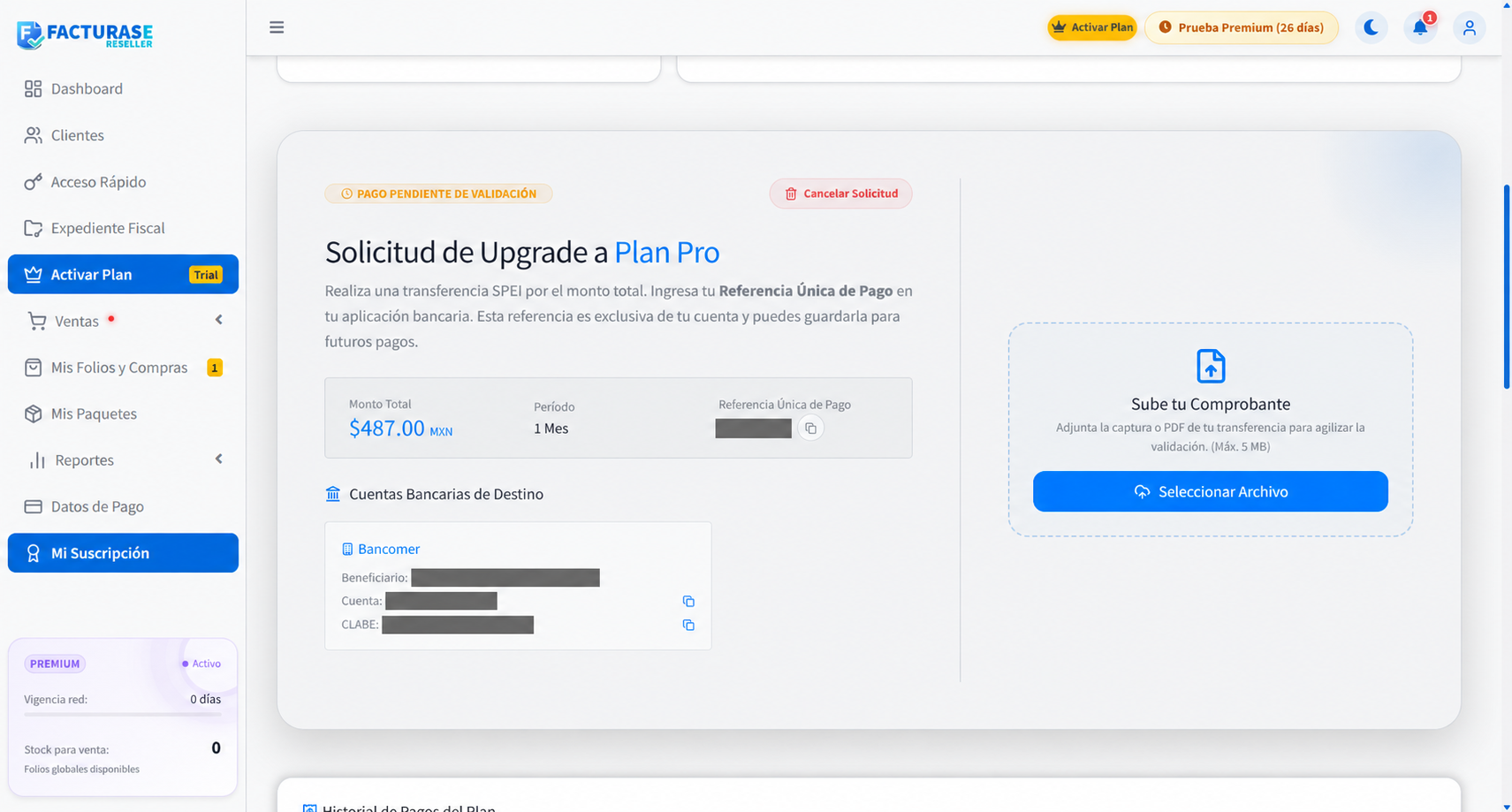 Solicitud SPEI con datos bancarios ocultos y botón Seleccionar Archivo