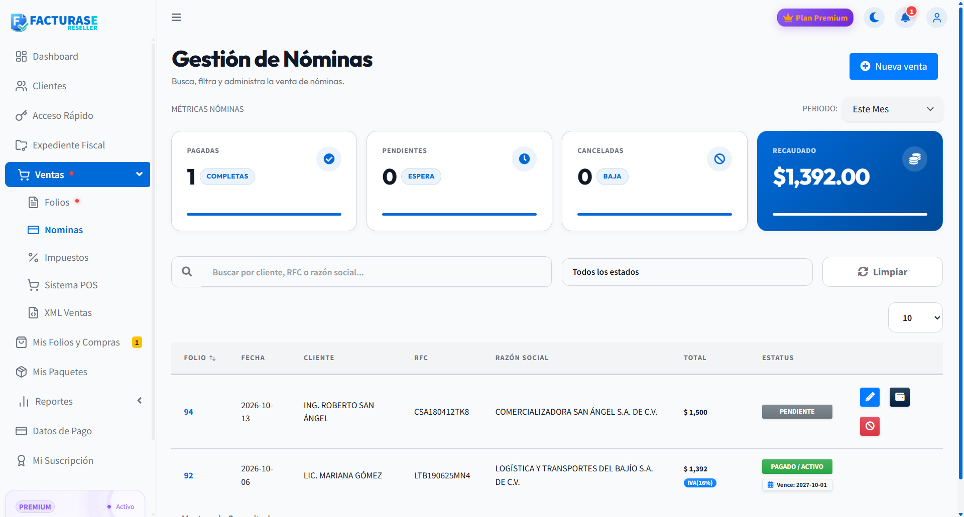 Venta pendiente con acciones para editar, pagar y cancelar