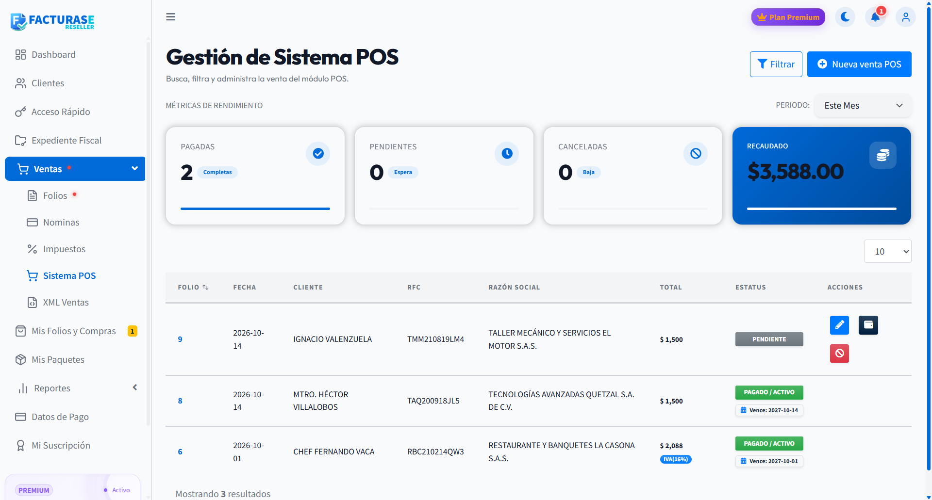 Venta pendiente en el listado con acciones de edición, pago y cancelación